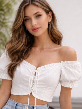 ARITZIA SUNDAY BEST Lolita Cropped Lace Up Blouse Small Coquette Academia White